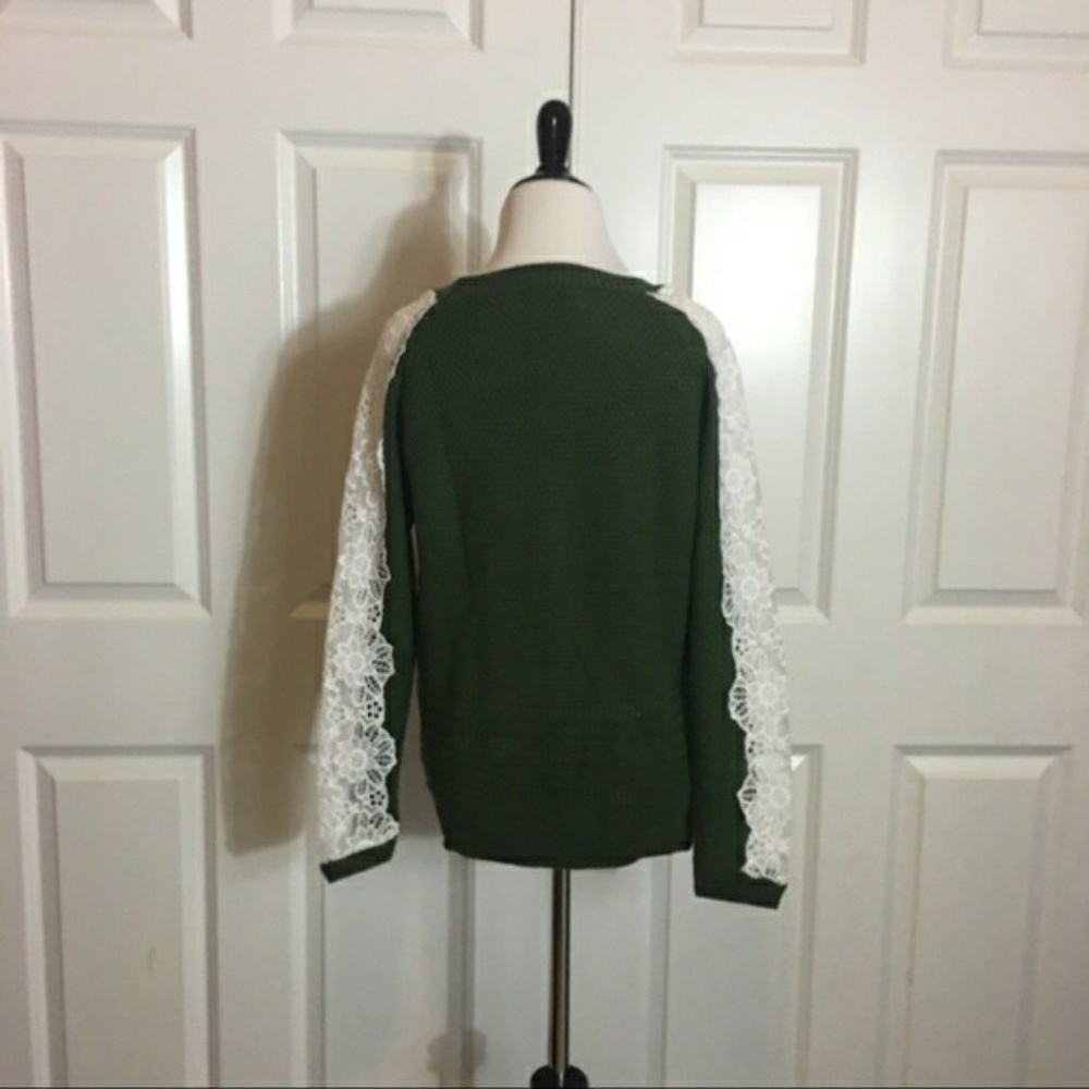 Olive Green Cable Knit Lace Sweater - Picture 4 of 4